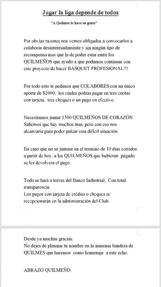 Quilmes pide el auxilio de sus hinchas