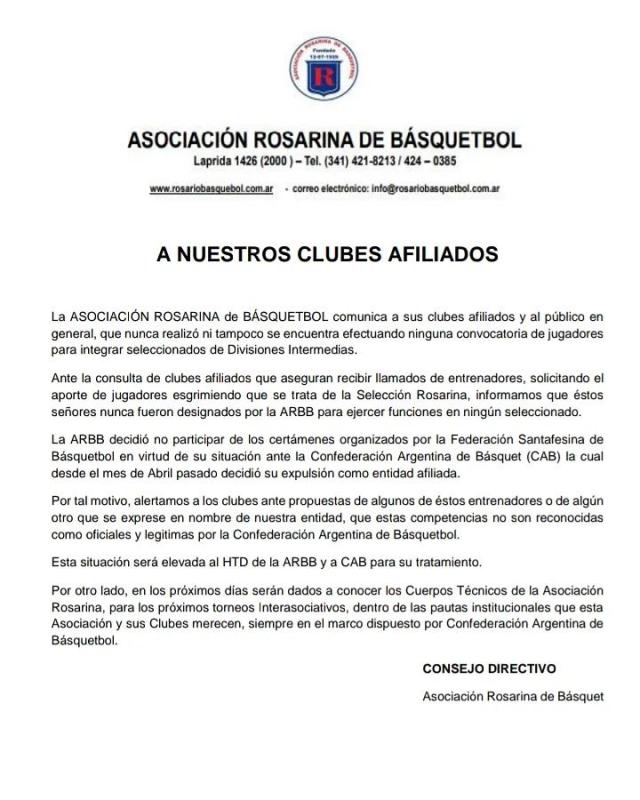 Comunicado a los clubes afiliados